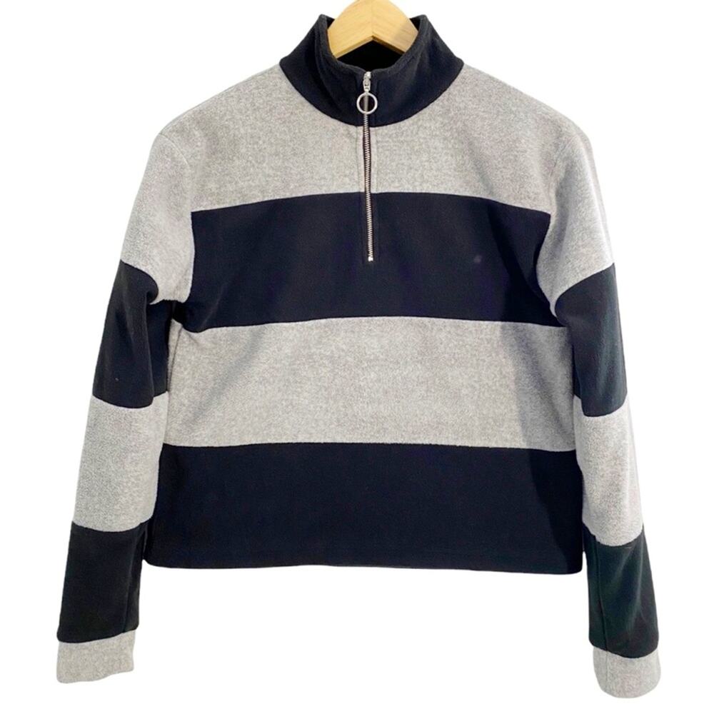 DIP Women’s Black & Gray Stripe 1/4 Zip Up Fleece Pullover, Size XS